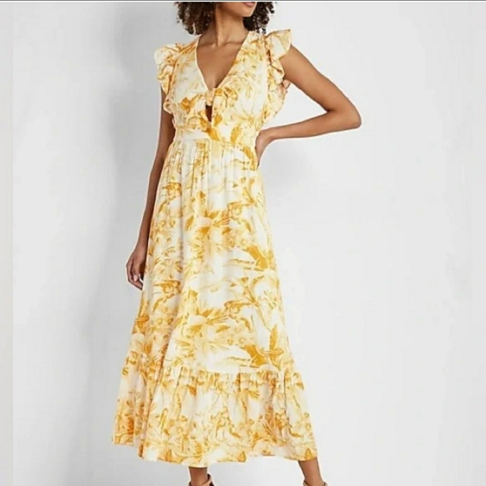 Express Women size Large Flutter Sleeve Tie Front Midi Linen Dress Yellow Gold - Picture 7 of 15